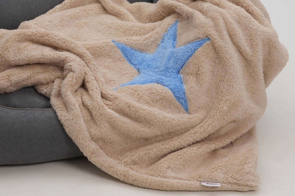 Dog Blanket Plaid Pooch beige stitched Star baby blue